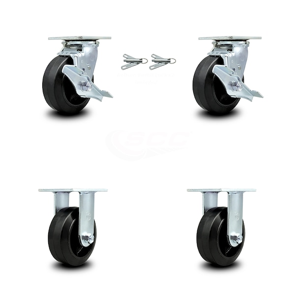 6 Inch Rubber on Steel Caster Set with 2 Brakes/Swivel Lock 2 Rigid SCC